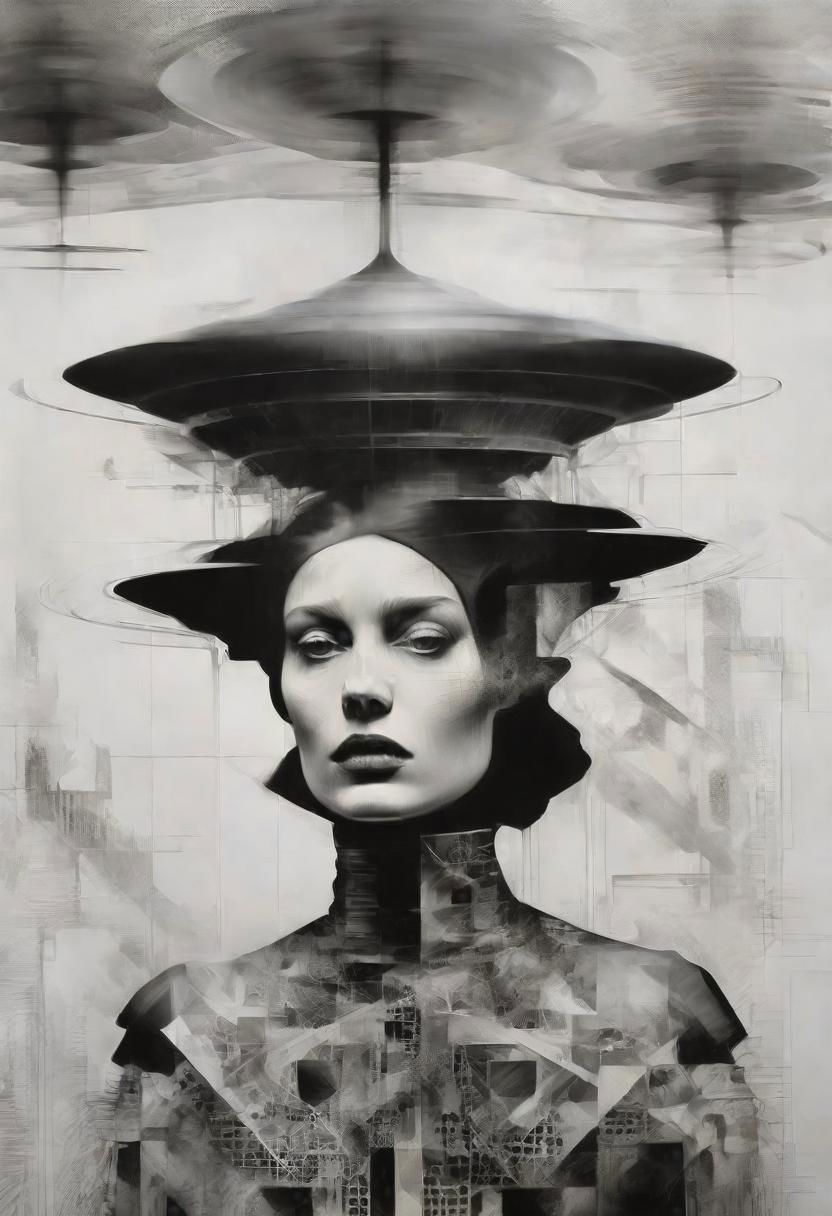 Monochrome black and white, Giger, Beksinski, Zawadzky, Dali, Magritte, Delvaux, Bellmer, Malevitch, Rodchenko, Mondrian, Kandinsky, Popovna, psychedelic hallucination, pop surrealism, rough crosshatch drawing pop art Lunatic_Portrait of a young woman in latex Avant-garde Fashion page, slick back, low bun, black makeup, sinister expression, intense glare, avant-garde, abstract, weird, geometric, constructivism, suprematism, rayonism, verticism, lineism, tj