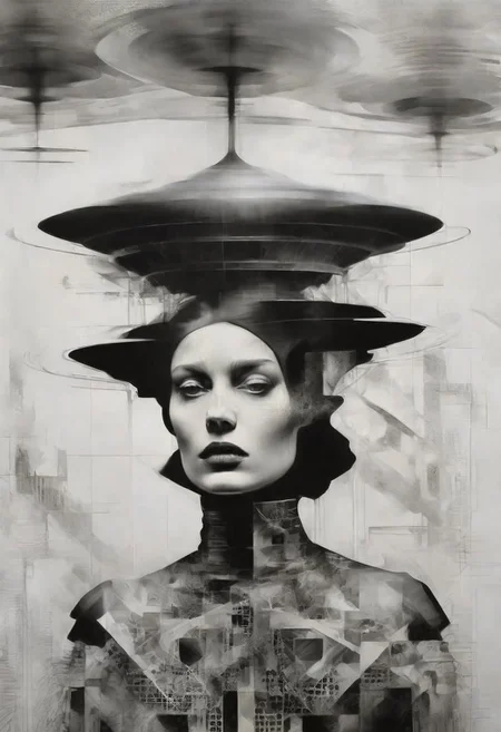 Monochrome black and white, Giger, Beksinski, Zawadzky, Dali, Magritte, Delvaux, Bellmer, Malevitch, Rodchenko, Mondrian, Kandinsky, Popovna, psychedelic hallucination, pop surrealism, rough crosshatch drawing pop art Lunatic_Portrait of a young woman in latex Avant-garde Fashion page, slick back, low bun, black makeup, sinister expression, intense glare, avant-garde, abstract, weird, geometric, constructivism, suprematism, rayonism, verticism, lineism, tj