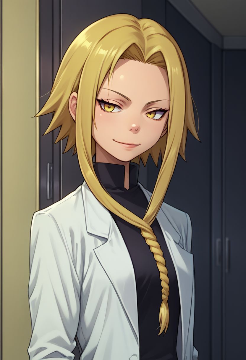 score_9, score_8_up, score_7_up, source_anime, highly detailed,
medusa, 1girl, solo, labcoat, braid, blonde hair, short hair with long locks, yellow eyes, smile, upper body, sidelocks,
indoor, infirmary,