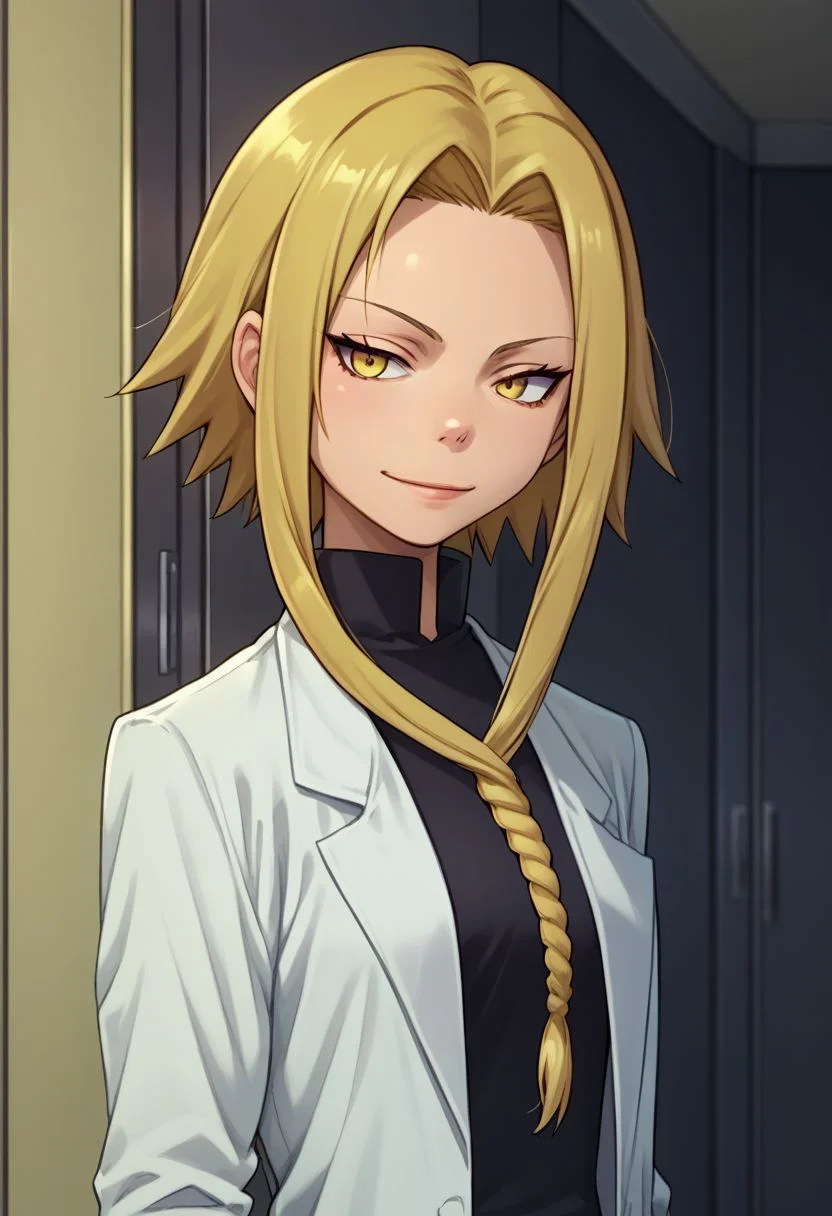 score_9, score_8_up, score_7_up, source_anime, highly detailed,
medusa, 1girl, solo, labcoat, braid, blonde hair, short hair with long locks, yellow eyes, smile, upper body, sidelocks,
indoor, infirmary,