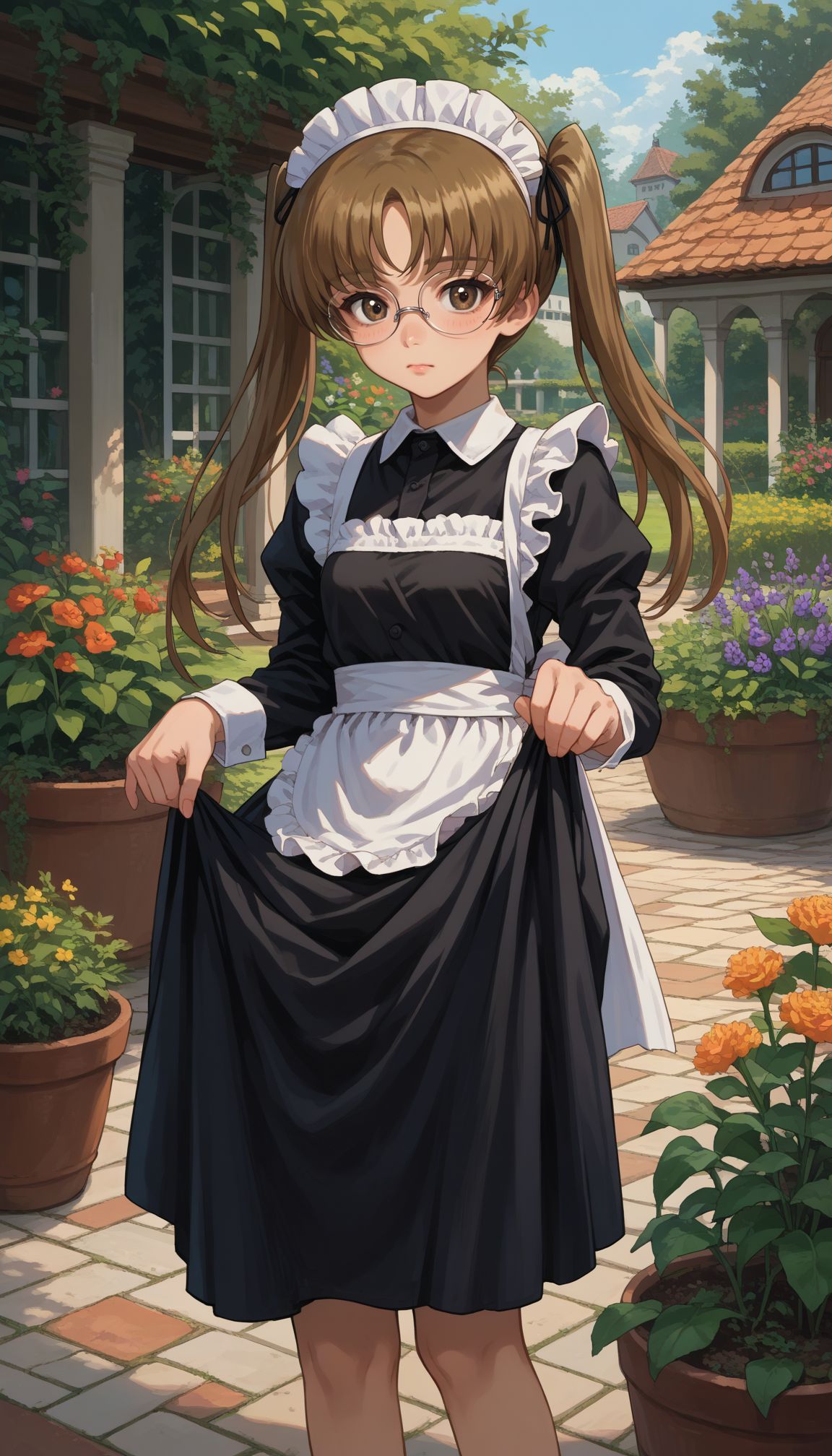 score_9, score_8_up, score_7_up, source_anime,
<lora:GUPAya :1>, GUPAya , 1girl, glasses, twintails, brown eyes, brown hair, long hair, maid, maid headdress, black dress, garden, standing, skirt hold,