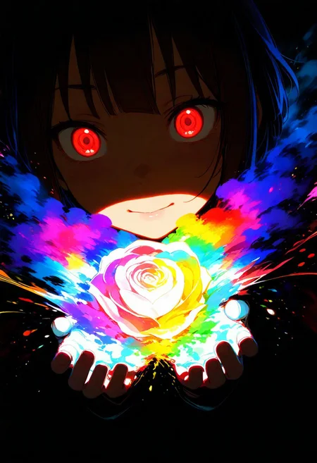 Megumin, masterpiece, best quality, amazing quality, very aesthetic, absurdres, 1 girl, backlighting, brown hair, red magical glowing eyes, narrow eyes, magic circles, sweet expression, looks at the flower, close-up of face, face in shadow, body in shadow, dark setting, beautiful black dress, gloves on her hands, thin lips, narrow mouth, cat's smile, solo upper body, angle from above, Dutch angle, one hand near the face, holding a flower, rose, rainbow, crystal, fragile, transparent, luminous, magical rose, very beautiful, bright magical particles, smoke, fog, multicolored, small, colorful, explosion of colors, soft light, vibrant colors, multicolored rainbow light, focus on face, lots of soft light and colorful particles, colorful, masterpiece, best quality, amazing quality, very aesthetic, absurdres, newest, soft light, explosion of colors, masterpiece, best quality, colorful, bright, multicolored, bright colors of paint, masterpiece, best quality, amazing quality, very aesthetic, absurdres, lots of multicolored rainbow light, focus on the face, lots of soft light, soft colors, lots of colorful particles, dark, hard to see,