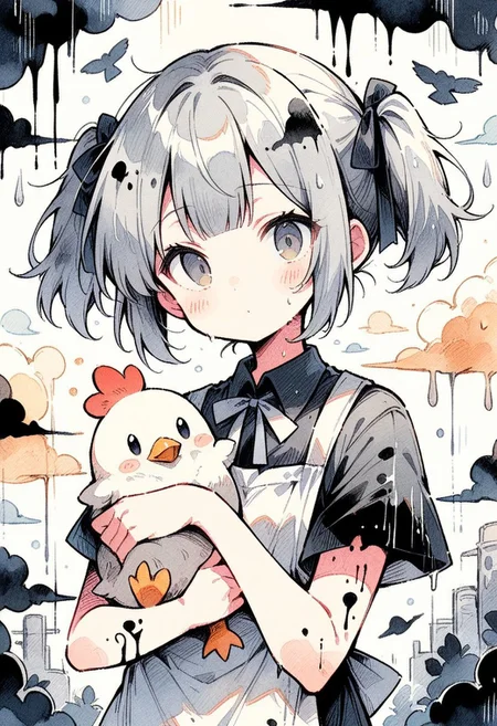((masterpiece, best quality, illustration)), cute doodle, ((handpainted, ink lines and watercolor wash)) 1girl, solo, looking at viewer, short hair, bangs, shirt, dress, ribbon, holding, twintails, closed mouth, upper body, short sleeves, grey hair, collared shirt, apron, grey eyes, black shirt, neck ribbon, bird, animal, rain, holding animal, muted color, chicken
