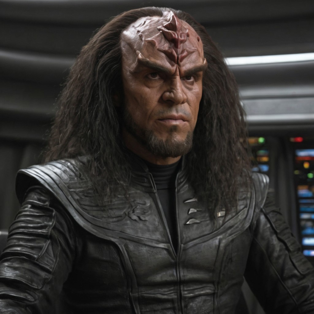 8k, hyper realistic, Klingon male, black leather uniform, large klingon forehead, on a spaceship, dark lighting, dark hair, mean expression, Detailed natural skin and blemishes without-makeup and acne, look.