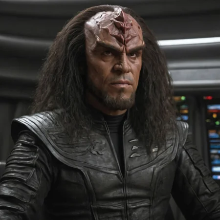 8k, hyper realistic, Klingon male, black leather uniform, large klingon forehead, on a spaceship, dark lighting, dark hair, mean expression, Detailed natural skin and blemishes without-makeup and acne, look.