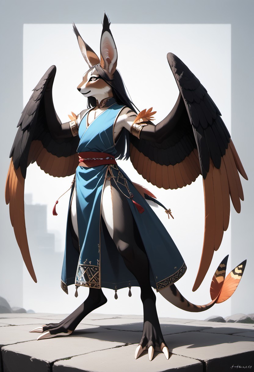 1person, Palagiri, anthro, feline features, feline nose, large ears, ((wings)), ((armless)), perfect wings,
Side view, perfect face, ((prehensile toes, long toes)), ((feathers-tipped tail, fanned tail-tip, tapering-tip tail)),
digitigrade legs, pelvic curtain tunic,
Source: anime, score: 9, score: 8up,