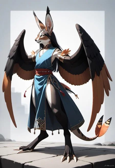 1person, Palagiri, anthro, feline features, feline nose, large ears, ((wings)), ((armless)), perfect wings,
Side view, perfect face, ((prehensile toes, long toes)), ((feathers-tipped tail, fanned tail-tip, tapering-tip tail)),
digitigrade legs, pelvic curtain tunic,
Source: anime, score: 9, score: 8up,