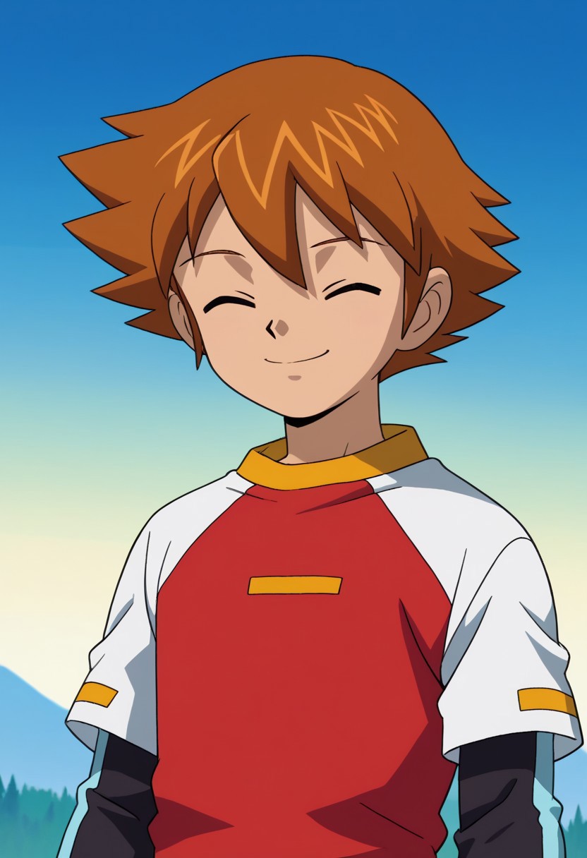 score_9, score_7_up, source_anime
chrisdyke, 1boy, male focus, solo, closed eyes, eyes, brown hair, short hair, spiked hair, hair beyween eyes, shirt, raglan sleeves, multicolored shirt, red and white shirt, long sleeves, layered sleeves, short over long sleeves, black sleeves, smile, happy,
outdoor, sky,