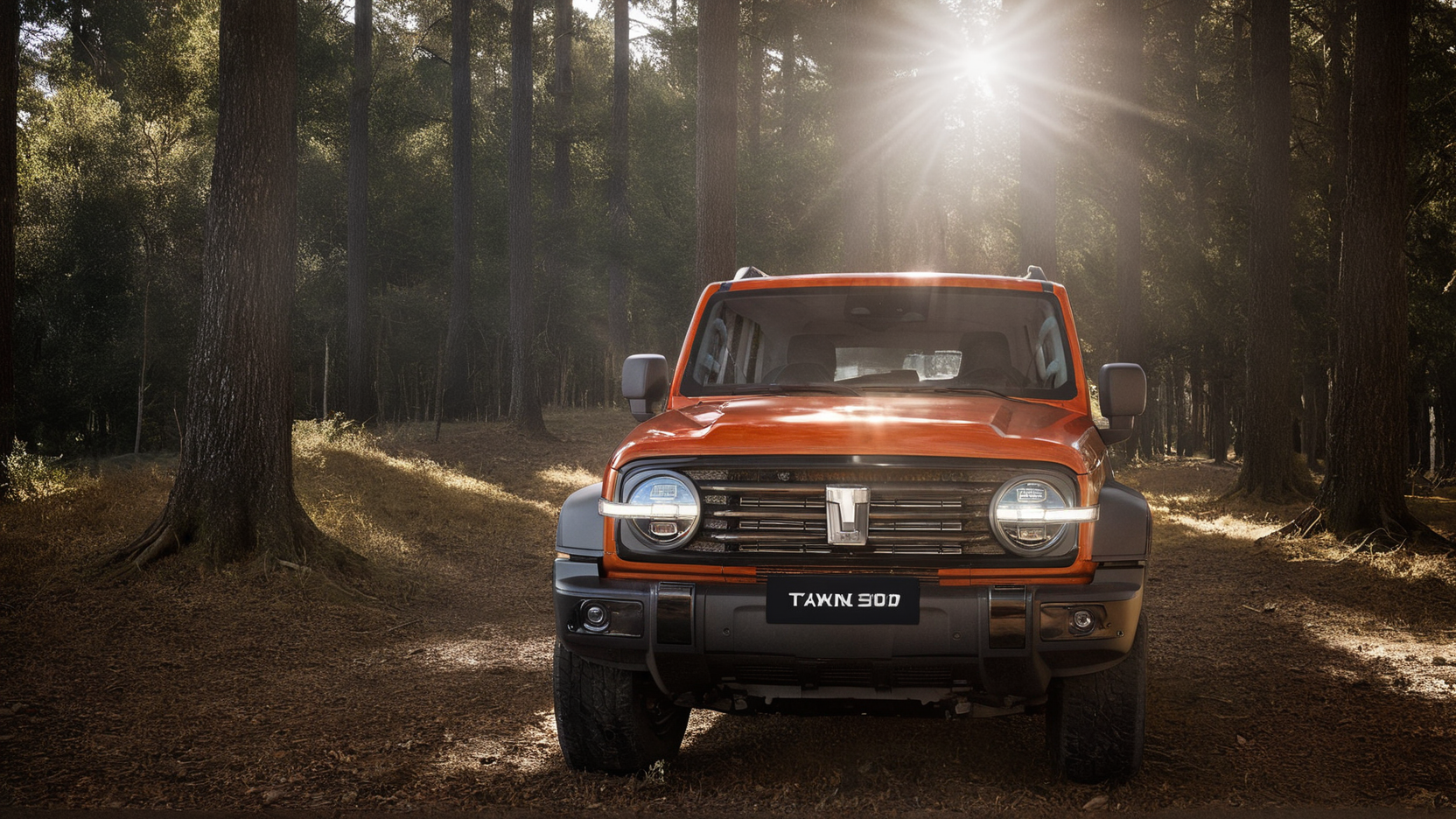 a gwm txxx parked in the middle of forest, sun light across the leaves, Tyndall effect,  beautiful, hd, 8k, (photographic:1.5), magnificent, grandiose, mac os wallpaper  <lora:GWMTank300_V2.0:1>