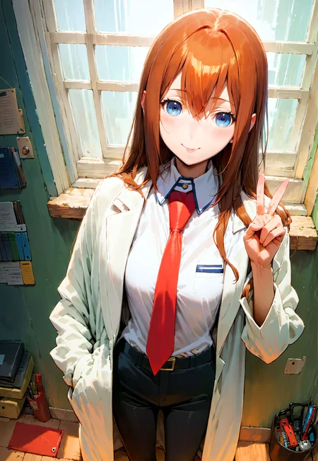 (score_9,score_8_up,score_7_up,score_6_up,score_5_up,score_4_up, source_anime, eerie:1.2), from above, amazing artwork of (Makise Kurisu, brown labcoat, blue eyes, brown hair, red necktie, mature, medium breasts, detailed eyes, slight smile:1.3) (standing sideways:1.2), (makes peace-sign:1.1), looking at viewer, pov, solo.
, high contrast, fluorescent colors, inside lab, detailed background, computer screens, white wall, sunshine, open window
<lora:xl_more_art-full_v1:1.5>, <lora:add-detail-xl:0.8>, <lora:Makise_Kurisu_v10-000002:1>