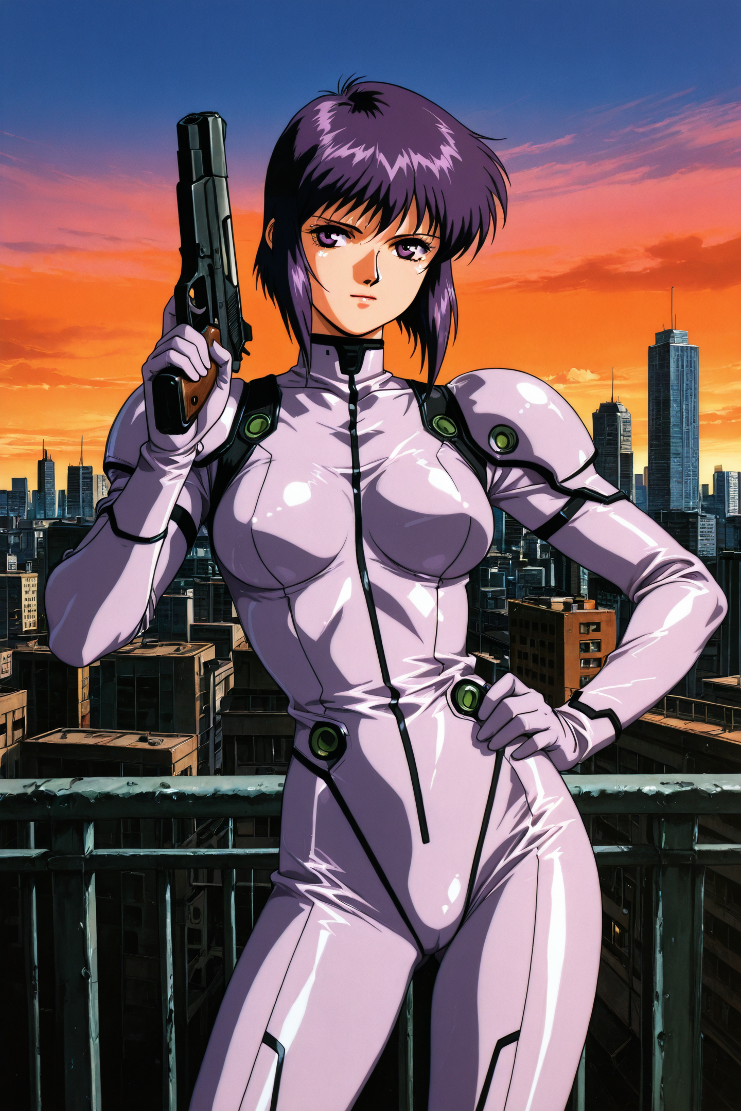 kusanagi motoko,1girl,solo,city,sky,retro artstyle,1990s \(style\),holding gun,hand on own hip,bodysuit,purple eyes,
<lora:Masamune Shirow_illustriousXL:0.4>,
<lora:Yasuomi Umetsu_illustriousXL:0.8>,