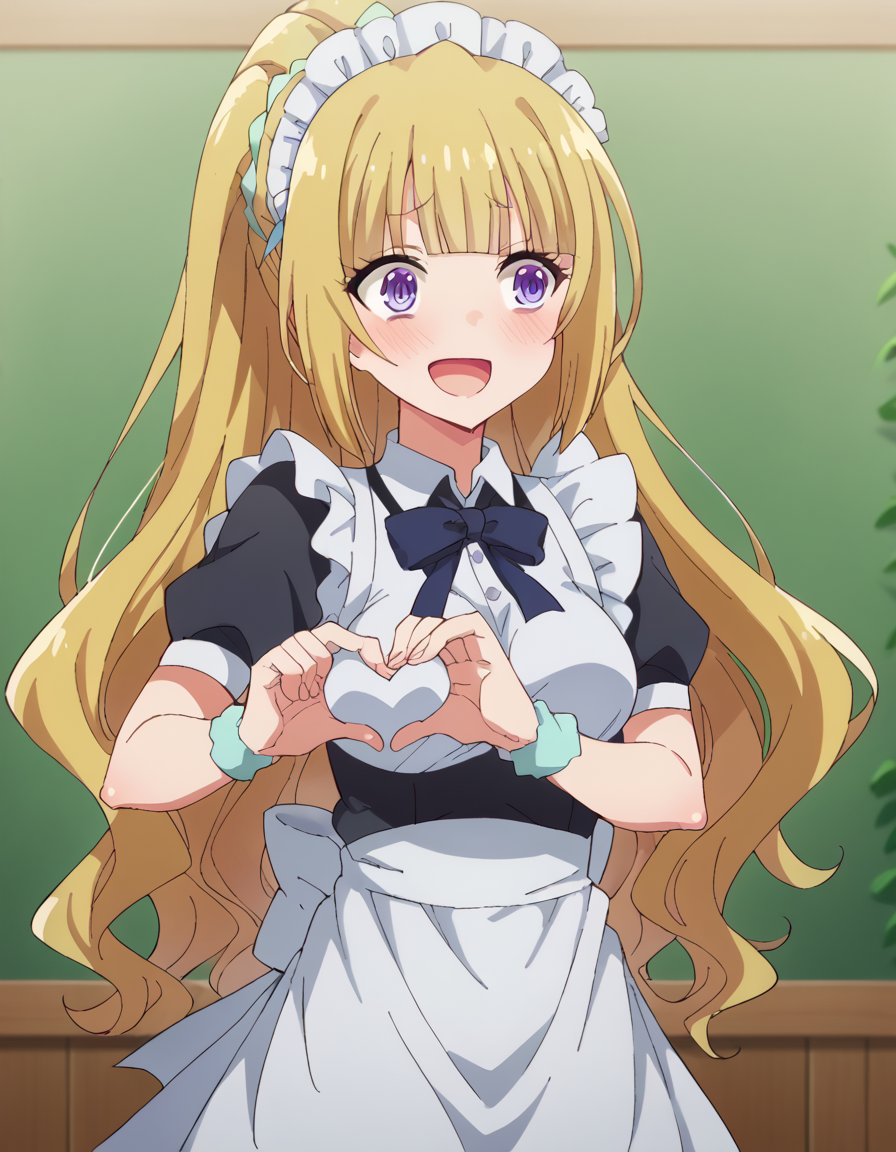 score_9, score_8_up, score_7_up, source_anime, <lora:kei-karuizawa-anime-s2-ponyxl-lora-nochekaiser:1>, kei karuizawa, long hair, bangs, blunt bangs, purple eyes, blonde hair, hair ornament, ponytail, scrunchie, blue scrunchie, medium breasts,, <lora:moe-moe-kyun-ponyxl-lora-nochekaiser:1> heart-shaped boob challenge, moe moe kyun! heart hands, enmaided, maid, maid headdress, apron, maid apron, ,, open mouth, blush, embarrassed, clsoed eyes, smile,, cowboy shot