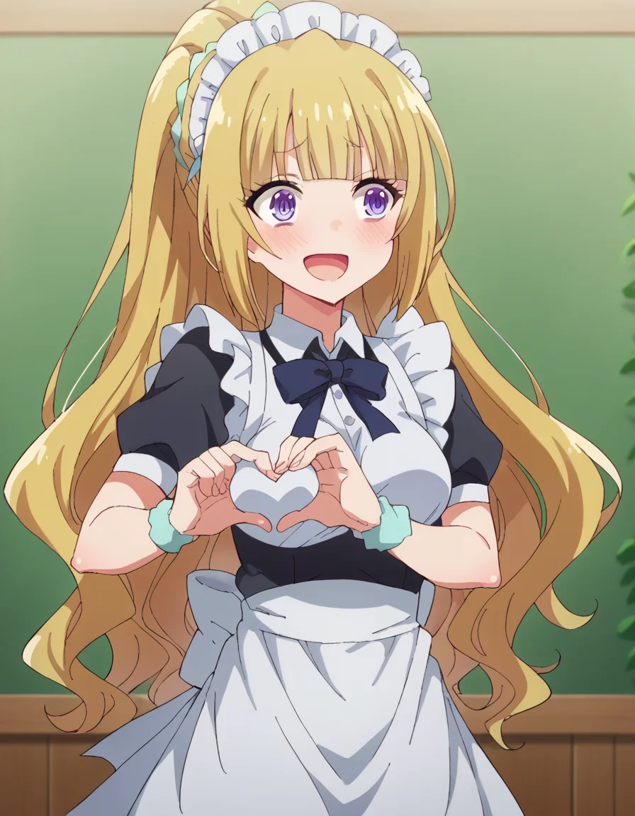 score_9, score_8_up, score_7_up, source_anime, <lora:kei-karuizawa-anime-s2-ponyxl-lora-nochekaiser:1>, kei karuizawa, long hair, bangs, blunt bangs, purple eyes, blonde hair, hair ornament, ponytail, scrunchie, blue scrunchie, medium breasts,, <lora:moe-moe-kyun-ponyxl-lora-nochekaiser:1> heart-shaped boob challenge, moe moe kyun! heart hands, enmaided, maid, maid headdress, apron, maid apron, ,, open mouth, blush, embarrassed, clsoed eyes, smile,, cowboy shot