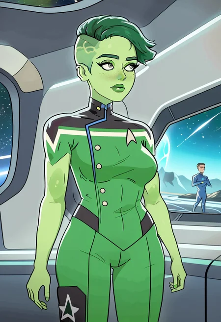 masterpiece, best quality, amazing quality, very aesthetic, high resolution, ultra-detailed, absurdres, 1girl, yoracrab, lips, D'vana Tendi, orion species, Star Trek, in a starfleet uniform, colored skin, green skin, green freckles, colored hair, green hair, undercut, science fiction, hightech, space, spacecraft,