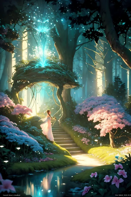 ( detailed realistic background:1),
( official art, beautiful and aesthetic:1 ),
realistic lighting,
cinematic lighting,
hyperrealism,
soothing tones,
muted colors,
high contrast,
soft light,
sharp,
artistic photoshoot,
<lora:FeyAndFairies-11:0.8>FeyFa, , forest, trees, middle, path, waterfall, through, background, stream, flowers, lights, running, in the foreground stands a fairy in front of her fairy house, light,( cute, petite ),
slender,
european,
pale cheeks,
square face shape with angular jaw,
natural "no-makeup" makeup,
big breasts,
,
brunette hair ,
crown braid  ,wearing a see-through gossamer fairy short dress,
night time, darkness,