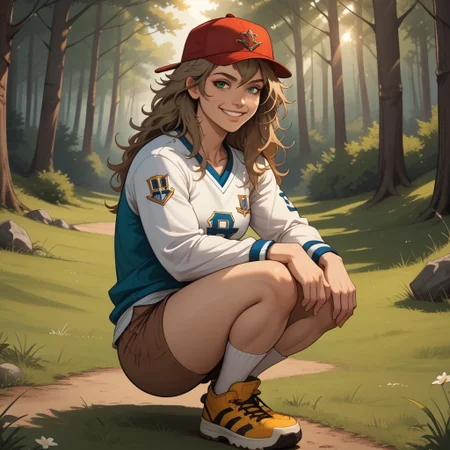 score_9, score_8, BREAK, solo, TD, dirty blonde hair, green eyes, hockey outfit, red hat, 1girl, yellow shoes, white socks, messy hair, long hair, sleeves, brown shorts, sexy pose, self portrait, smile, outdoors, sunlight, shadows, evening lighting, natural lighting, forest, trees, grass, orange sky, sunset