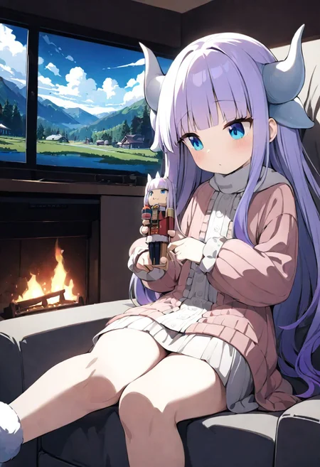 masterpiece, (Best quality:1.2), highres, (scenary:1.2), Dynamic light,, wooden,, living room,, Kanna_Kamui,, long hair, bangs, blue eyes, light purple hair, hair beads, dragon horn, horns,, holding a nutcracker, doll on the lap, fireplace flickering,, white ottoman sofa, sitting, lying on the sofa,, fluffy pillows, white carpet, flowers, lights,,