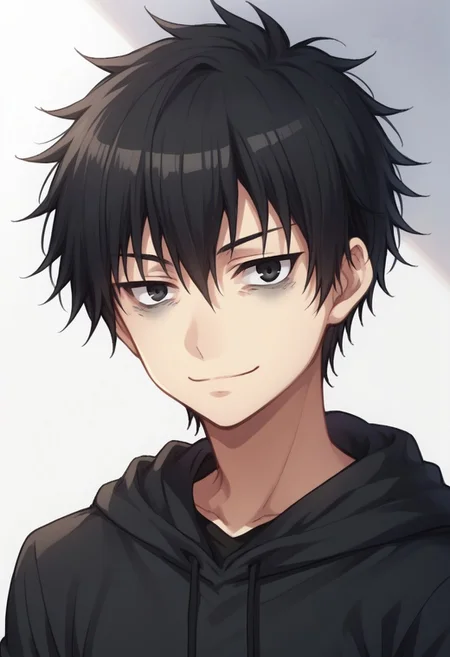 score_9, score_8_up, score_7_up, source_anime, highly detailed, 
tomoki, 1boy, male focus, solo, black hair, upper body, black eyes, bags under eyes, looking at viewer, hoodie, hood, pants, smile,