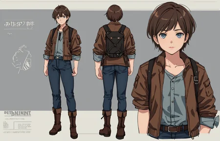 charturnerv2, 1boy, full body, brown hair, short hair, blue eyes, brown jacket, adventure, blue jeans, boots, backpack on shoulders, same outfit, concept-art, full body, detail_face, line_sketch, PlanIt, official art, official alternate costume, design style, multi style, detail character, 4_side, original, 8K GC, massive detail, multiple views of the same character, no background, only detail character, technical illustration, multiple views,masterpiece,best quality