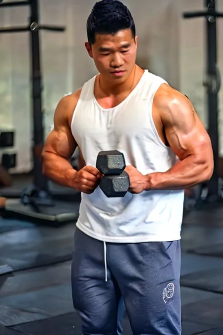 asian sexytrainer, tank top/sleeveless shirt, shorts/sweatpants/leggings, sneakers, gym, holding dumbbell/weightlifting, exercise, realistic, masterpiece, intricate details, detailed background, depth of field, photo of a handsome, dynamic pose, sweaty, sidepec, exercise, full body, natural face expression, detailed Hunter Kang face