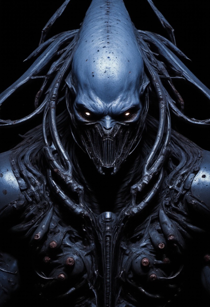 highly detailed and hyper realistic and dynamic.
This is a high-resolution image, likely created using advanced digital rendering software. The subject is an alien creature with a desaturated blue, smooth with moist pores, and almost metallic skin texture, giving it an otherworldly appearance. The creature has elongated, segmented limbs that appear to be part of its body armor, with intricate patterns and a dark, almost black coloration. The face is largely featureless except for two glowing, white eyes that are set deeply within the head, which is bald and smooth. The mouth is not visible, and covered by the huge an broad intricate metallic looking collar adding to the enigmatic and menacing presence of the creature. The lighting is dramatic, casting deep shadows that accentuate the alien's form and the intricate details of its armor. The background is pitch black, which contrasts starkly with the creature's skin, creating a high-contrast effect. The image is focused sharply on the creature, with no visible depth of field; the background remains completely out of focus. The aesthetic quality of the image is very high, with detailed textures and a realistic yet fantastical style. The image is reminiscent of sci-fi movie posters or concept art from films like "Alien" or "Predator," with a strong emphasis on horror and suspense. The creature's design suggests a menacing and formidable being, capable of evoking fear and awe in those who encounter it.