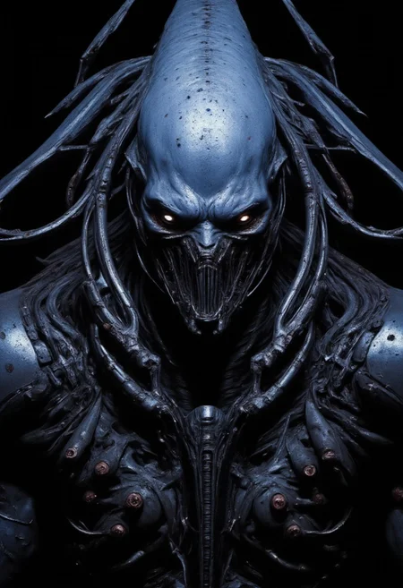 highly detailed and hyper realistic and dynamic.
This is a high-resolution image, likely created using advanced digital rendering software. The subject is an alien creature with a desaturated blue, smooth with moist pores, and almost metallic skin texture, giving it an otherworldly appearance. The creature has elongated, segmented limbs that appear to be part of its body armor, with intricate patterns and a dark, almost black coloration. The face is largely featureless except for two glowing, white eyes that are set deeply within the head, which is bald and smooth. The mouth is not visible, and covered by the huge an broad intricate metallic looking collar adding to the enigmatic and menacing presence of the creature. The lighting is dramatic, casting deep shadows that accentuate the alien's form and the intricate details of its armor. The background is pitch black, which contrasts starkly with the creature's skin, creating a high-contrast effect. The image is focused sharply on the creature, with no visible depth of field; the background remains completely out of focus. The aesthetic quality of the image is very high, with detailed textures and a realistic yet fantastical style. The image is reminiscent of sci-fi movie posters or concept art from films like "Alien" or "Predator," with a strong emphasis on horror and suspense. The creature's design suggests a menacing and formidable being, capable of evoking fear and awe in those who encounter it.
