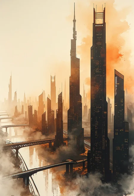 A sweeping cityscape unfurls across delicate rice paper, painted with expressive ink splashes and translucent watercolor washes. The skyline bristles with ultramodern skyscrapers—sleek, asymmetrical, and luminescent—rendered in layered tones of rich sepia, burnt henna, and jet ink. clear, gradient sky, diffused into the paper’s fibers. This piece blends classic East Asian ink painting aesthetics with futuristic precision—think Hokusai meets Syd Mead. Lighting is soft but radiant, as if internal energy pulses through the city’s veins. Emphasize broad brushwork, chaotic ink bursts, and delicate tonal transitions
