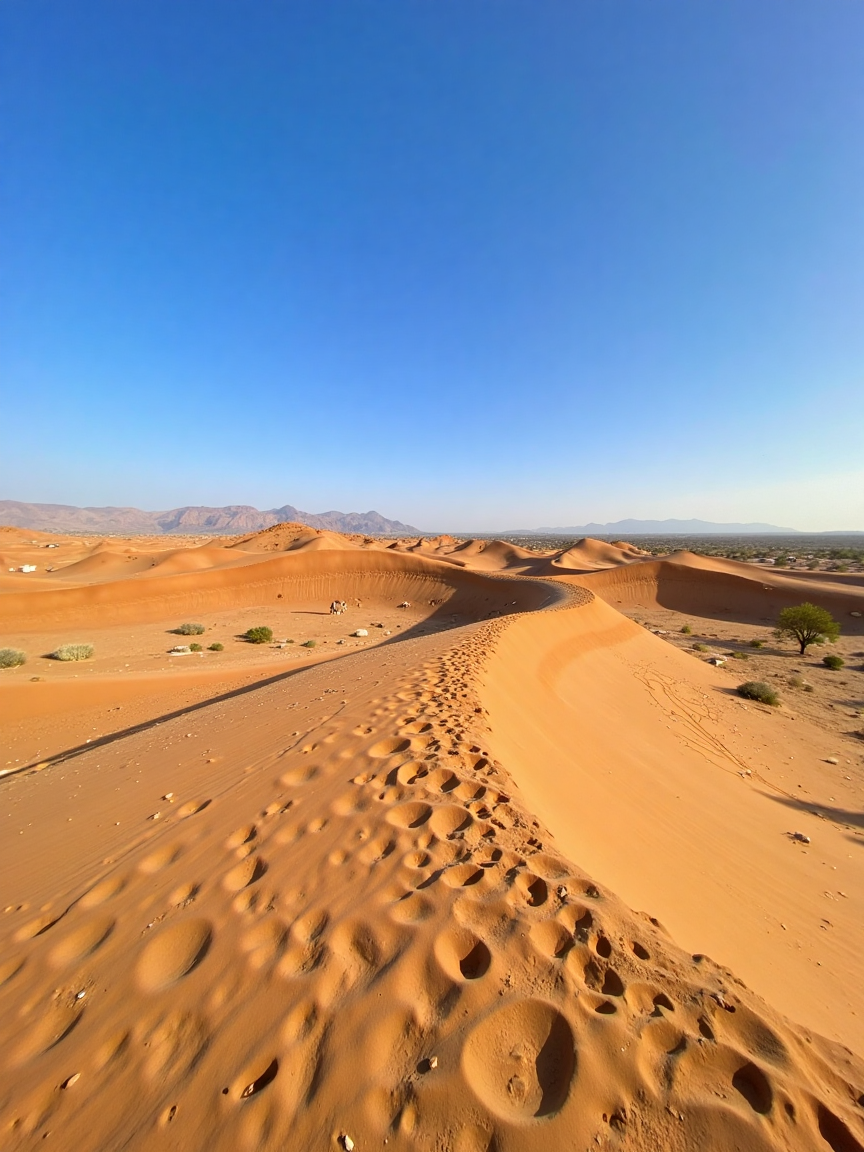 iPhone photo, Vast desert landscape, endless dunes of golden sand, rippling patterns shaped by the wind, soft sunlight illuminating the curves, deep blue sky above, a lone camel silhouetted against the horizon. Scattered rocks and dry shrubs dotting the landscape, distant mountain range barely visible through the heat haze, warm tones, tranquil and expansive, a sense of solitude and beauty.