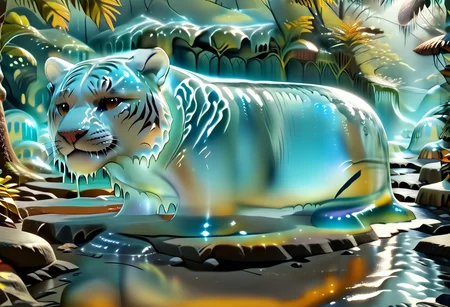 animal_guardian, tiger, a white tiger with black stripes, Tiger made out of slime, slime tiger in a jungle, jungle made out of slime,
natural light, no bright spots,
((translucent slime)), ((transparent slime)), made of water, (bioluminescent slime), sl1m3, slime, slime-morph, ais-blmn, saturated colors, no creatures, no humans, no monsters, no pokemon, scenery only, scenery, ral-lava, watce
