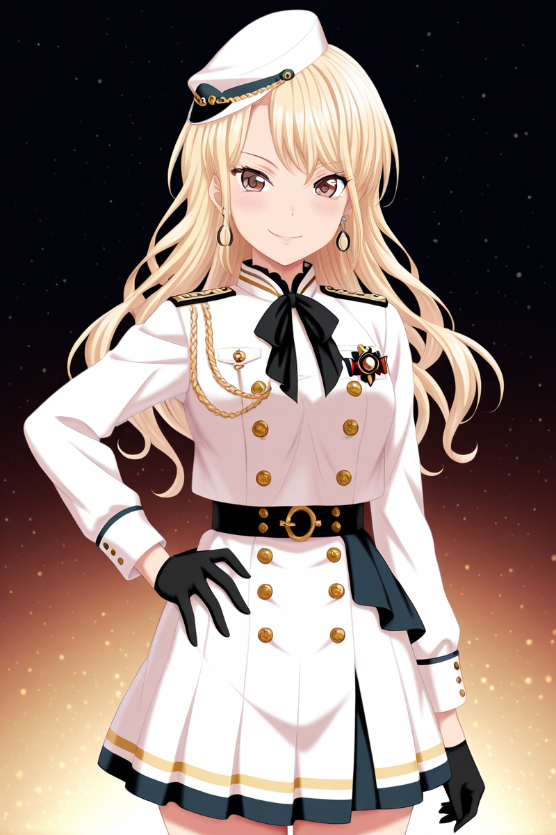 masterpiece, best quality, amazing quality,
 <lora:Touko_IL:1> touko, 1girl, gloves, solo, blonde hair, hat, black gloves, earrings, long hair, looking at viewer, white headwear, jewelry, hand on hip, smile, skirt, brown eyes, aiguillette, onstagesk