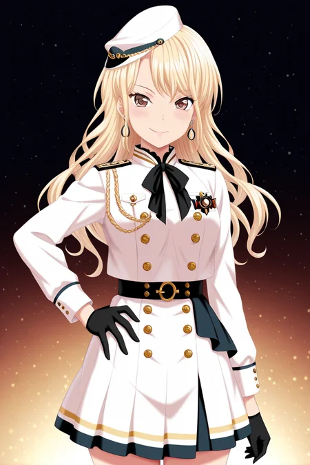 masterpiece, best quality, amazing quality,
 <lora:Touko_IL:1> touko, 1girl, gloves, solo, blonde hair, hat, black gloves, earrings, long hair, looking at viewer, white headwear, jewelry, hand on hip, smile, skirt, brown eyes, aiguillette, onstagesk
