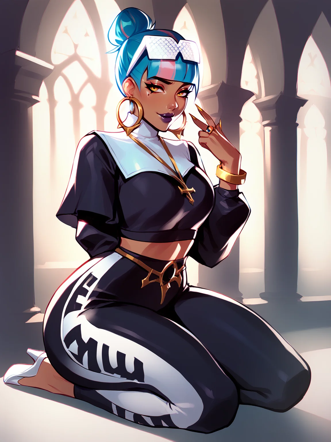 score_9, score_8_up, score_7_up, BREAK, Qiyana True Damage, 1girl, solo, single hair bun, blue and pink hair, multicolored hair, nun clothes, Religious habit, shy smile, looking away, sitting on her legs, kneeling, hands folded in a prayer gesture <lora:QiyanaTD:1> <lora:AhEtoBlehMeme_pdxl_Incrs_v1:1>