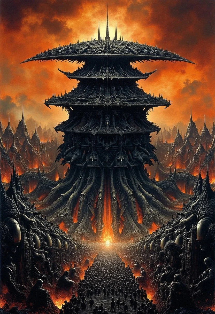 style of H. R. Giger, realistic painting, anime, well defined lines, cell shaded. waldobosch, hundreds of people, demons, hellscape, a large multiple tiered creature in the middle.