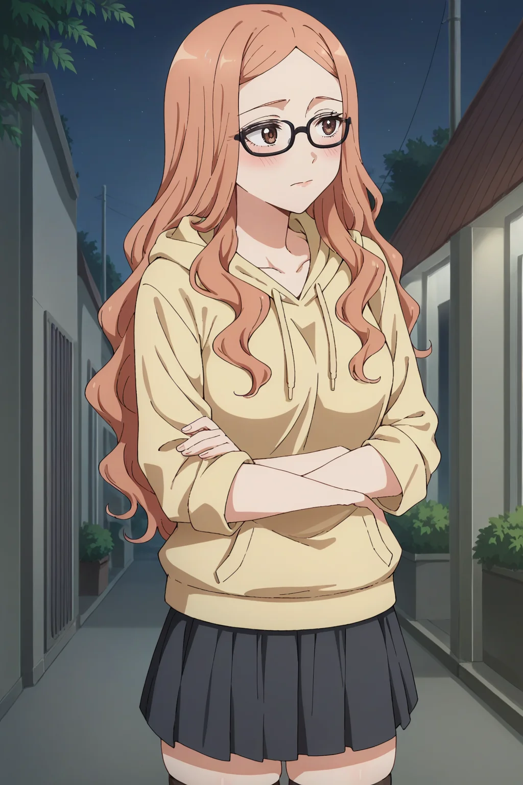 score_9, score_8_up, score_7_up, source_anime, 1girl, prefect lighting, very aesthetic, intricate details, highly detailed background, masterpiece, high quality, prefect hands, best quality, solo,
<lora:Rune_Dress_up_Darling_V1:.85>, KJOrune, peach hair, dark brown eyes, long hair, parted bangs, wavy hair, half-closed eyes, 
black framed eyewear, oversized hoodie, black skirt, thighhighs, zettai ryouiki, skindentation,
crossed arms, standing, looking to the side, embarrassed, heavy blush,
outside, night, storefront,
(Beautiful, medium Breasts:1.2), natural breasts,