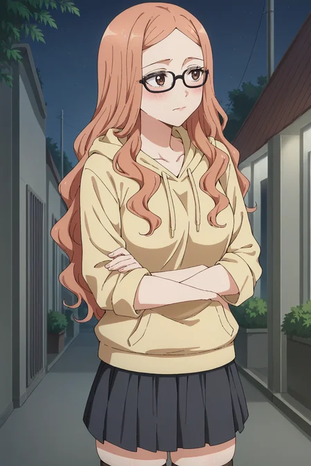 score_9, score_8_up, score_7_up, source_anime, 1girl, prefect lighting, very aesthetic, intricate details, highly detailed background, masterpiece, high quality, prefect hands, best quality, solo,
<lora:Rune_Dress_up_Darling_V1:.85>, KJOrune, peach hair, dark brown eyes, long hair, parted bangs, wavy hair, half-closed eyes,
black framed eyewear, oversized hoodie, black skirt, thighhighs, zettai ryouiki, skindentation,
crossed arms, standing, looking to the side, embarrassed, heavy blush,
outside, night, storefront,
(Beautiful, medium Breasts:1.2), natural breasts,