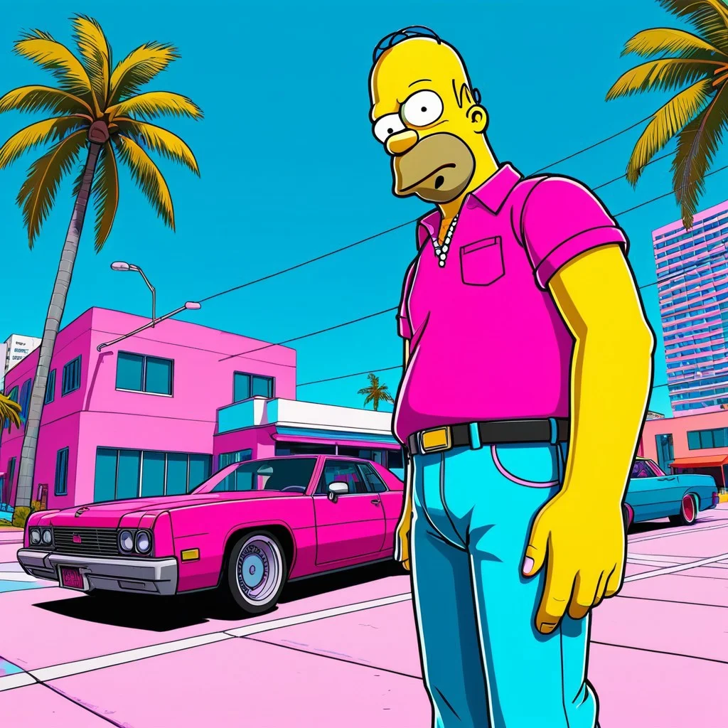 Homer simpson as a character in GTAV, vice city, neon, pastel, miami vice, flat colors, dutch angle, tilted angle, rockstar games, gta vice city, grand theft auto style, exaggerated, pop art style, vibrant colors, full body view
<lora:add-detail-xl:1> <lora:aesthetic:1> <lora:detailed_notrigger:1> <lora:Line Art Style SDXL_LoRA_20r_20e_8i_nr32_a16_Pony Diffusion V6 XL:1>