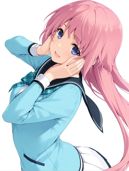 masterpiece,best quality,newest,
<lora:hinata_ilxl_v1.2:1>,1girl,solo,hinata,pink hair,blue eyes,hair down,long hair,medium breasts,h_clothes,long_sleeves,light blue uniform,white pleated skirt,
<lora:Fixhands_anime_bdsqlsz_V1:1>,white background,simple background,upper_body,looking_at_viewer,dynamic_angle,cinematic_angle,dutch angle,hands on own face,from_above,:d,