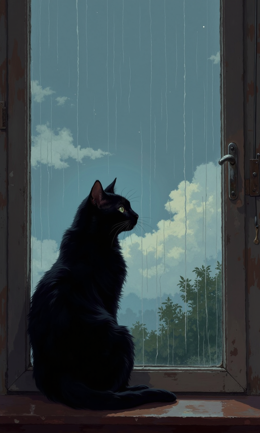 A black cat sits on a windowsill, gazing out at a rain-swept night sky. 
The cat is in silhouette, its form completely dark against the lighter tones of the background. Its posture suggests contemplation or perhaps even a melancholic mood.  Its fur appears thick and full, adding to the impression of a substantial feline. 
The window frame is visible, and the sill is a dark brown or gray tone. 
The background portrays a scene of rain falling heavily against a backdrop of muted blue-gray skies with scattered clouds. The rain is depicted by thin, vertical streaks.  A slightly lighter shaded area in the sky indicates a cloudy covering. 
Further in the background, there are hints of greenery or foliage, giving a sense of an outdoor setting beyond the window. The colors used create a soft and artistic feel to the scene.
<lora:FLUX-daubrez-DB4RZ-v2:1> DB4RZ, DB4RZ style painting