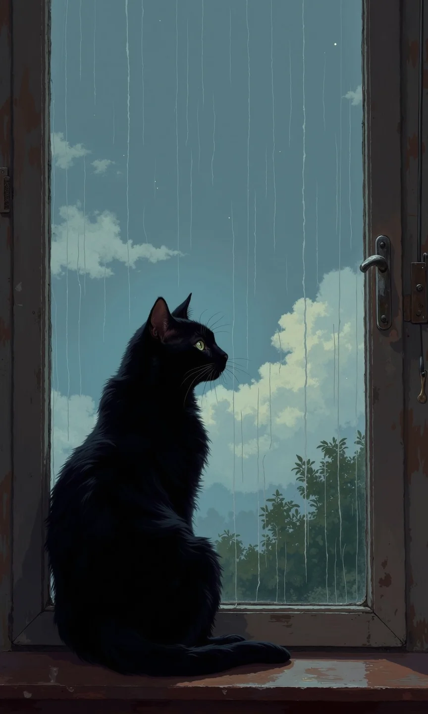 A black cat sits on a windowsill, gazing out at a rain-swept night sky. 
The cat is in silhouette, its form completely dark against the lighter tones of the background. Its posture suggests contemplation or perhaps even a melancholic mood.  Its fur appears thick and full, adding to the impression of a substantial feline. 
The window frame is visible, and the sill is a dark brown or gray tone. 
The background portrays a scene of rain falling heavily against a backdrop of muted blue-gray skies with scattered clouds. The rain is depicted by thin, vertical streaks.  A slightly lighter shaded area in the sky indicates a cloudy covering. 
Further in the background, there are hints of greenery or foliage, giving a sense of an outdoor setting beyond the window. The colors used create a soft and artistic feel to the scene.
<lora:FLUX-daubrez-DB4RZ-v2:1> DB4RZ, DB4RZ style painting