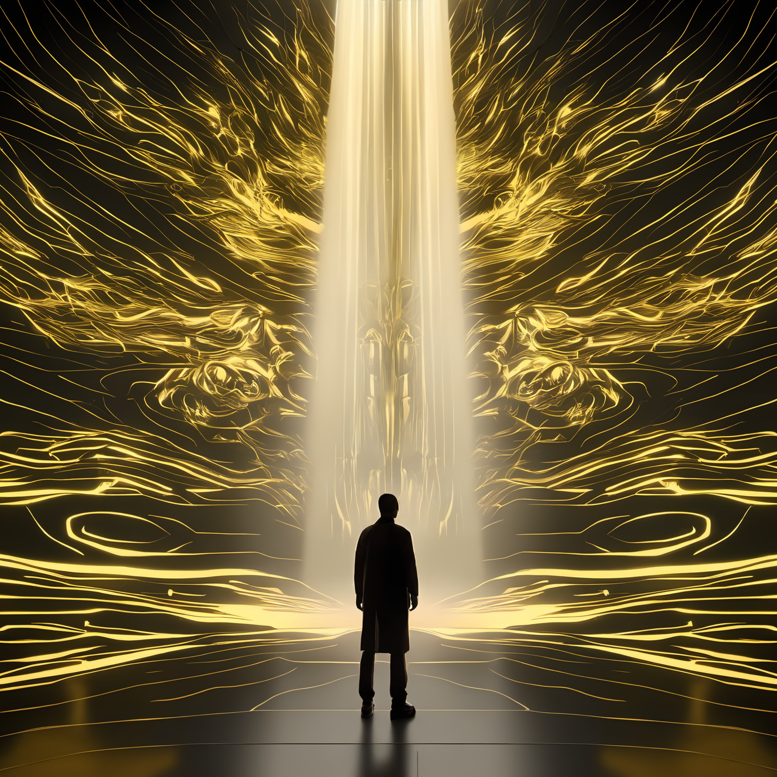 a man standing in front of a projection of immortal,halo,<lora:eastern_mythology_xl:0.5>,golden line,