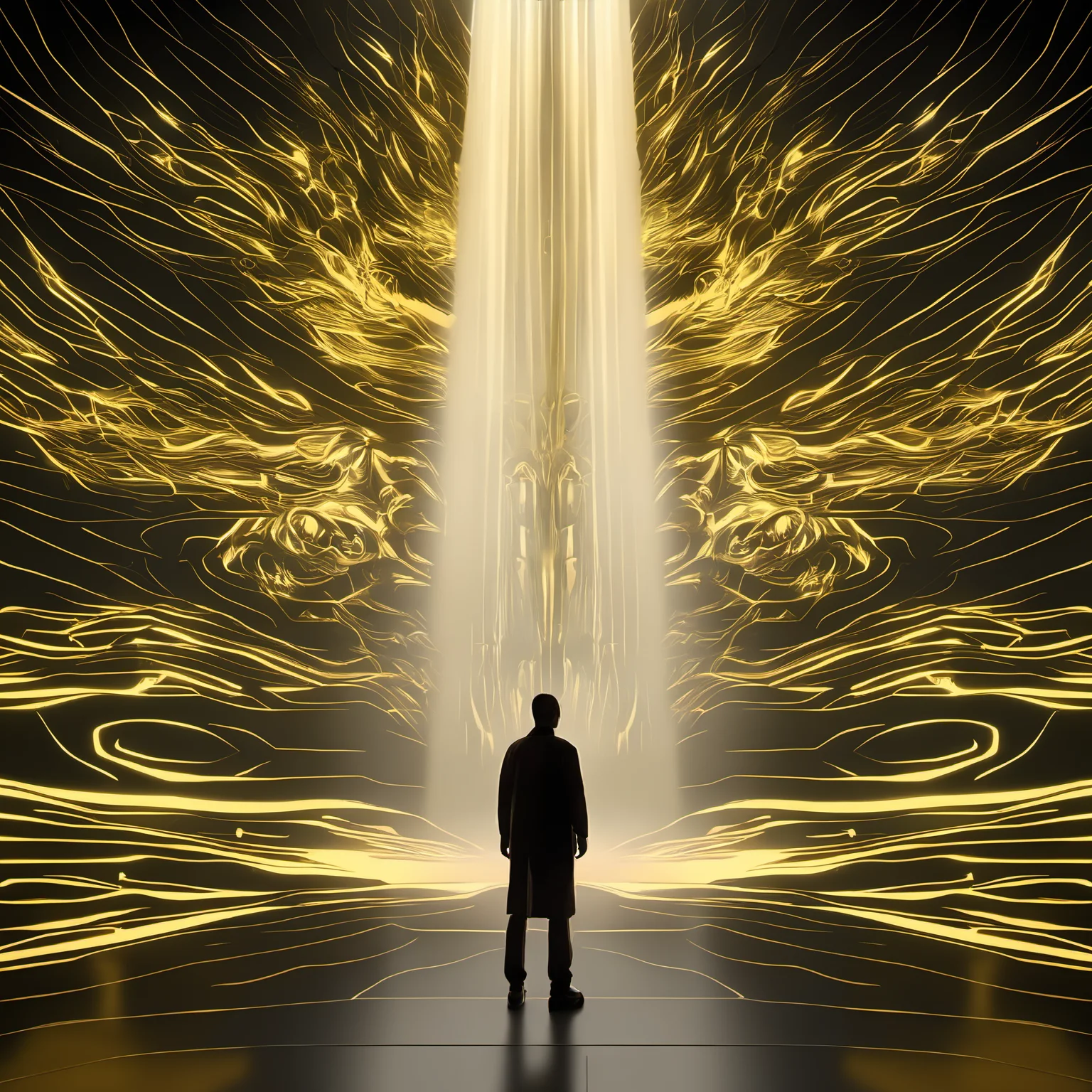 a man standing in front of a projection of immortal,halo,<lora:eastern_mythology_xl:0.5>,golden line,