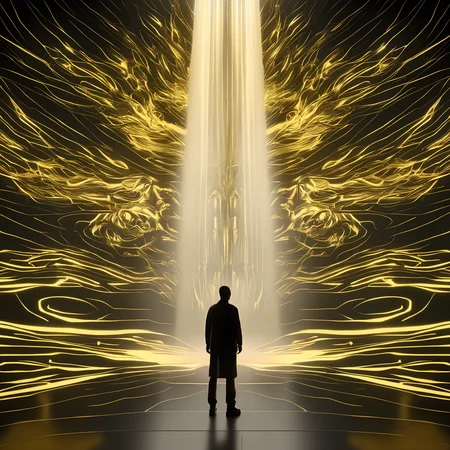 a man standing in front of a projection of immortal,halo,<lora:eastern_mythology_xl:0.5>,golden line,