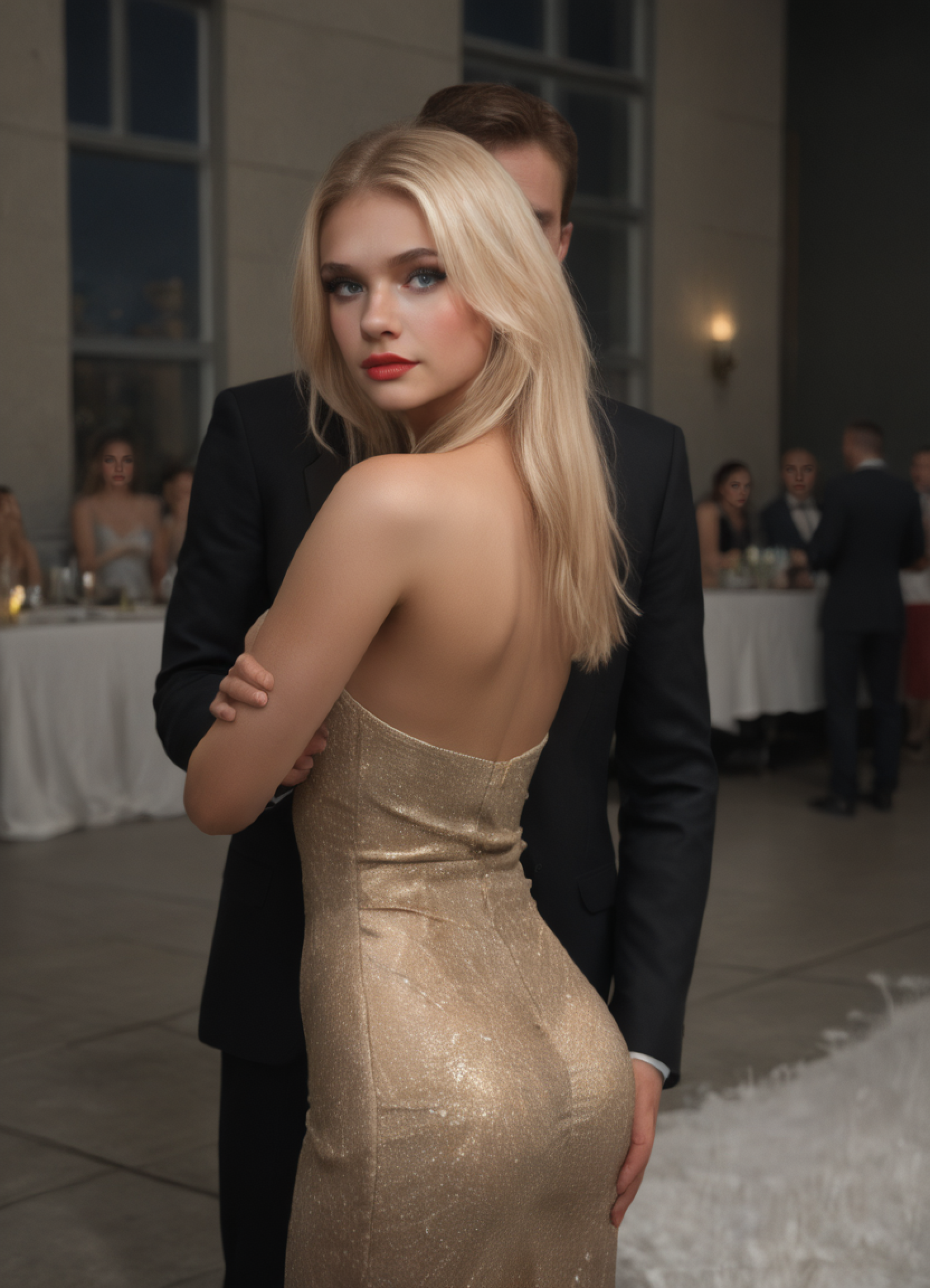 score_9, score_8_up, score_7_up, 27yo girl, big blue eyes, realistic face, light makeup, blonde hair, frightened, embarassed, blushing, bridesmaid dress, wedding reception, party, night, 40yo male in black suit, ass grabbed, ass squeezed, guests, crowd, dancefloor