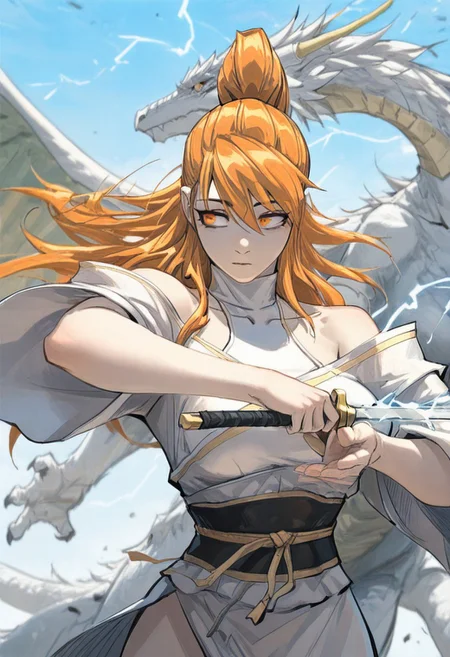klskx ,
masterpiece, best quality, amazing quality,
xiaoninger, 1girl, ponytail, long hair, orange hair, bangs, orange eyes, bare shoulder, breasts, collarbone, hair between eyes, white dress, kimono, sash, two tones dress, turtleneck,
1girl, blurry, blurry background, animal, blue sky, dancing, day, depth of field, dual wielding, winged dragon, floating hair, winged dragon, lightning gale sword, hand lightning gale sword, holding, holding sword, windkinesis, outstretched arm, oversized animal, school of winged dragon, sideways glance, sky, solo, upper body, wind lightning, wide sleeves, wind