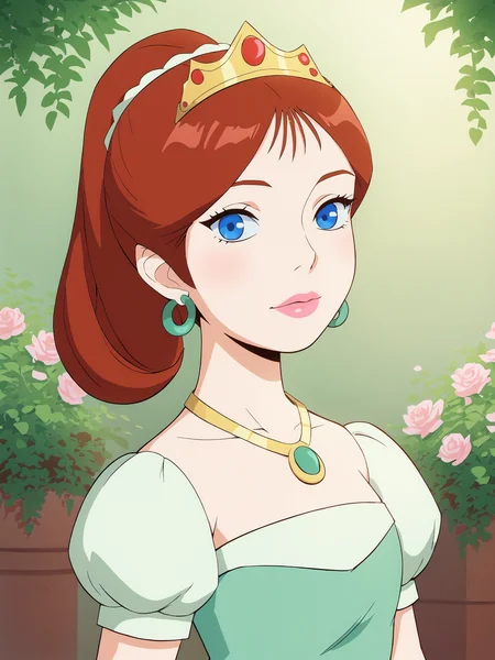 score_9, score_8_up, portrait, sharp focus, soft lighting, illustration, garden, depth of field, camillexl, 1girl, solo, red hair, blue eyes, green earrings, necklace, ponytail, tiara, green dress, pink lips, lipstick, looking at viewer, <lora:camillexl:0.75> <lora:Grimphantom_style_pony:1>