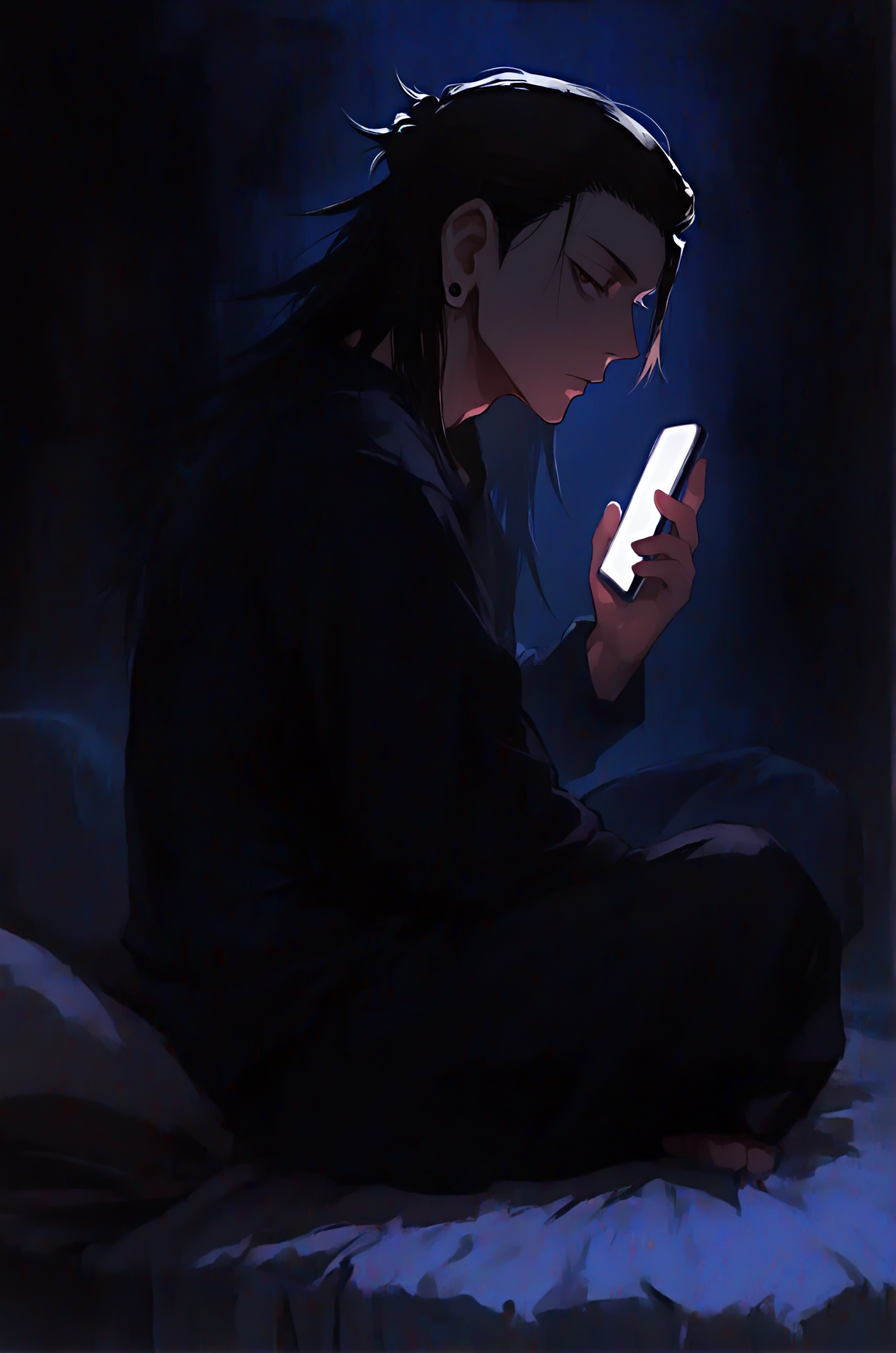 1boy, getou suguru, jujutsu kaisen, general, (screen light:1.3), holding phone, from side, sitting on bed, indian style, looking at viewer, expressionless, bags under eyes, dark night, silhouette, smartphone, pillow, hand up, glowing, brown eyes, masterpiece, best quality, very awa, newest, <lora:ponyv5_noobV065S_1_adamW-000013:1.00>