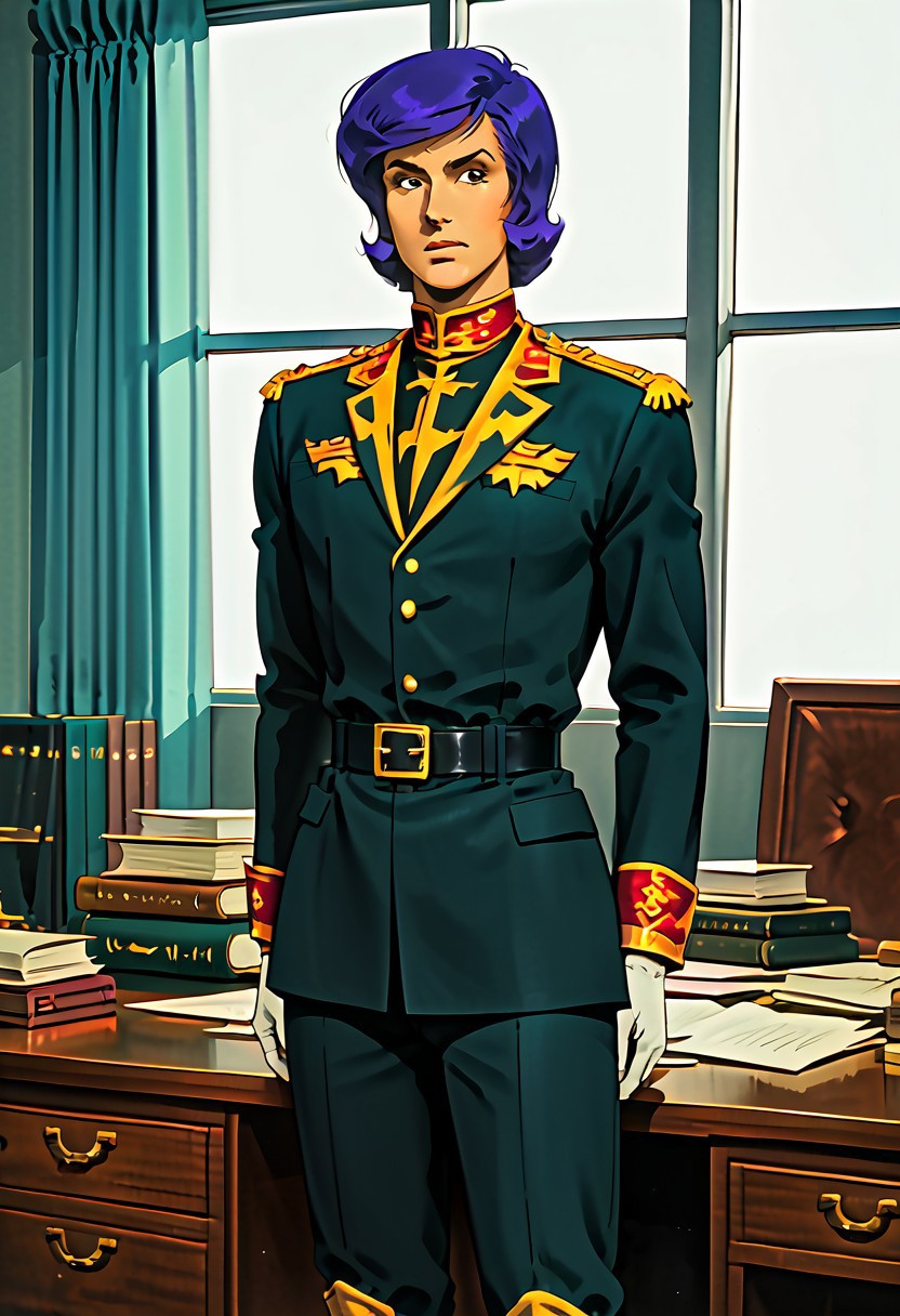 black eyes, solo, looking at viewer, military uniform, sword on hip, long sleeves, belt, cape, white gloves, knee boots, hands behind back, 
score_9, score_8_up, score_7_up,  front view, BREAK, ( garma_zabi, black eyes, violet hair, best eyes, zeon uniform, serious expression, standing behind desk, ) 1boy, male focus, solo, BREAK, painting of roses in background, office, windows, curtains, book on desk,