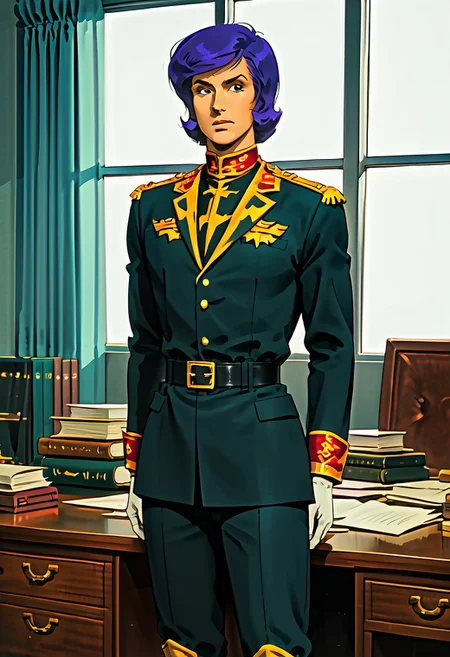 black eyes, solo, looking at viewer, military uniform, sword on hip, long sleeves, belt, cape, white gloves, knee boots, hands behind back, 
score_9, score_8_up, score_7_up,  front view, BREAK, ( garma_zabi, black eyes, violet hair, best eyes, zeon uniform, serious expression, standing behind desk, ) 1boy, male focus, solo, BREAK, painting of roses in background, office, windows, curtains, book on desk,