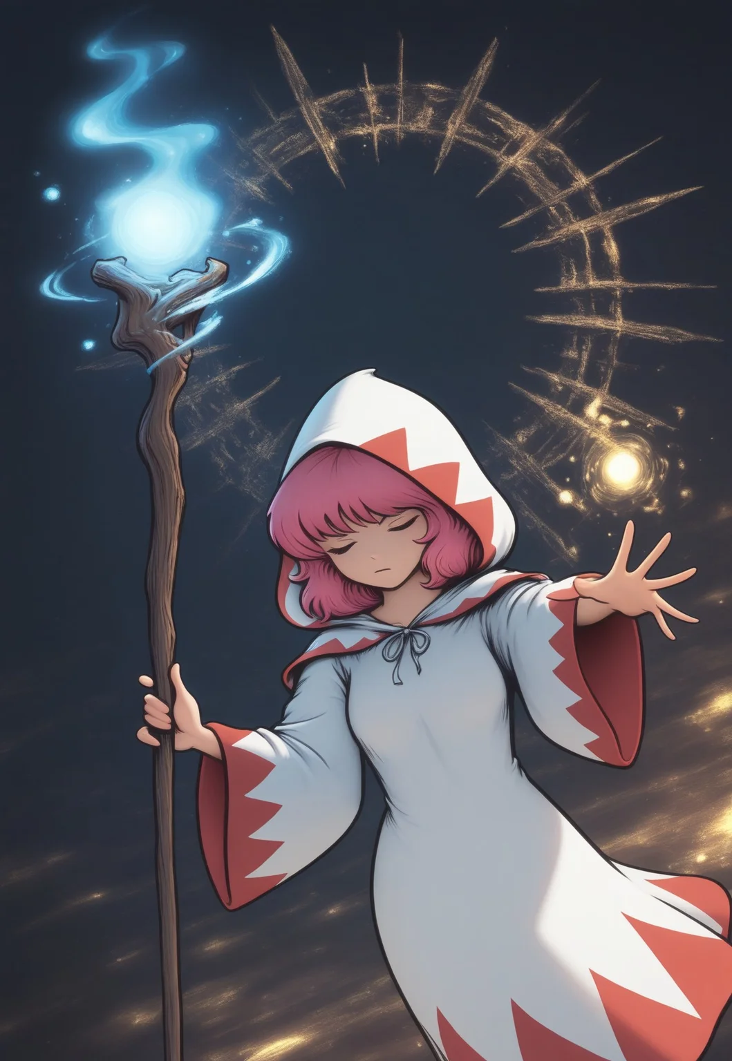 masterpiece, best quality, 1gitl, solo, larrywelz, white mage, holding staff, arms out, closed eyes, pink hair, short hair, hood up, magic, abstract background