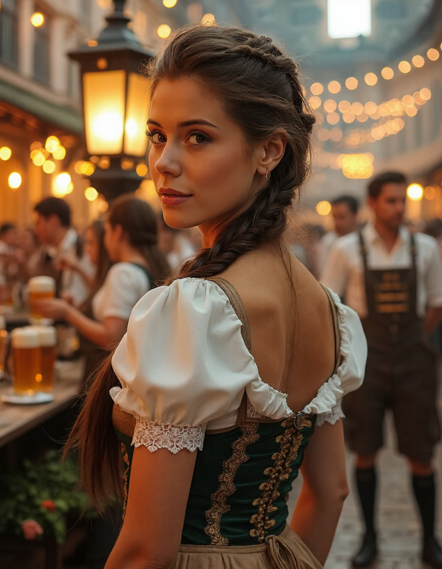 **Prompt:**
A woman  stands proudly in front of a traditional Bavarian backdrop, her long braid cascading down her back like a waterfall. She wears a intricately detailed dirndl attire, complete with delicate lace and embroidery, perfectly capturing the essence of Oktoberfest. Side view.
The camera captures her from a 45-degree angle, emphasizing her slender neck and shoulders as she gazes directly at the viewer. Soft, warm light from a nearby lantern casts a flattering glow on her skin, accentuating her high cheekbones and full lips.
In the background, the real Oktoberfest festivities unfold: revelers in traditional attire dance and sing around tables laden with steins of beer, while others play lively tunes on accordions and brass instruments. The atmosphere is electric, with vibrant colors and sharp lines that create a sense of depth and dimensionality.
As the camera lingers, it becomes clear that this woman is not just any festival-goer â she's the star of the show. Her dirndl attire is immaculately detailed, from the intricate patterns on her apron to the delicate flowers in her hair. Every stitch, every thread, every detail is meticulously rendered, creating a photorealistic masterpiece.
In a stunning double exposure effect, the woman's image is superimposed over a blurred background of revelers and festivities, creating an otherworldly sense of presence. The result is a truly cinematic scene that transports the viewer to the heart of Oktoberfest.
**Technical Specifications:**
* Resolution: 16k UHD
* Aspect Ratio: 1:1
* Frame Rate: 24fps
* Color Space: Rec. 2020
* Lighting: Soft, warm natural light with subtle highlights and shadows
This image is a true masterpiece, showcasing the artist's skill and attention to detail in capturing the essence of Oktoberfest. With its ultra-sharp lines, intricate details, and photorealistic quality, it's sure to be an award-winning work that leaves a lasting impression on all who see it.